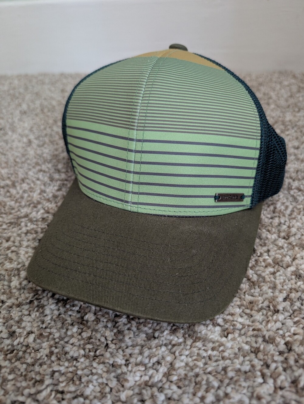 PrAna Striped Green Blue Yellow Mesh Trucker Hat Outdoor Summer